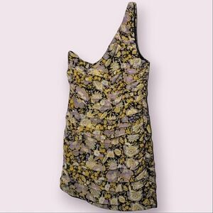 ZARA Metallic Floral One Shoulder Pleated Cocktail Mini Dress size M
